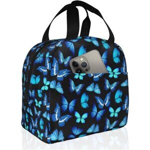Insulated Black Lunch Bag Box for Women with Blue Butterfly Print Cute Lunch